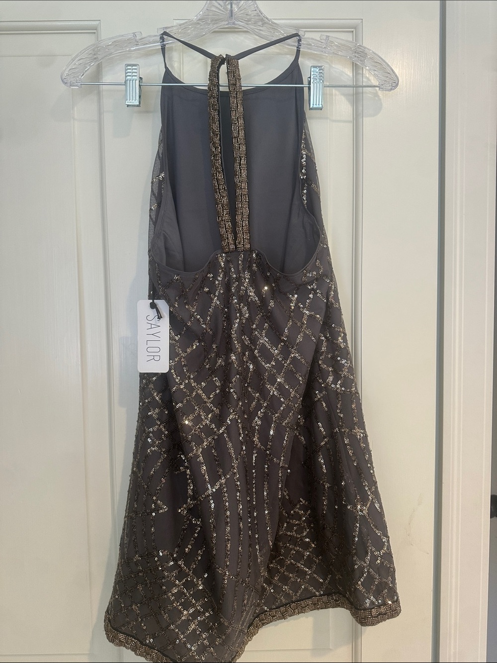 SAYLOR Charcoal Gray Beaded Halter Cocktail Dress